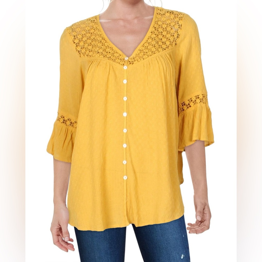 Karen Kane Golden Yellow Gauze Bell Sleeve Lace Accent Blouse S - Picture 10 of 11